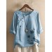 Flower Butterfly Print Round Neck Long Sleeve Button T-shirts For Women