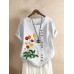 Flower Embroidery O-neck Short Sleeve Button Casual T-shirts For Women