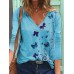 Women Butterfly Print V-neck Regular Fit Long Sleeve Casual T-Shirt