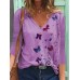 Women Butterfly Print V-neck Regular Fit Long Sleeve Casual T-Shirt