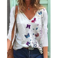 Women Butterfly Print V-neck Regular Fit Long Sleeve Casual T-Shirt