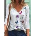 Women Butterfly Print V-neck Regular Fit Long Sleeve Casual T-Shirt