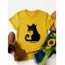 Women Cartoon Cat Letter Printed O-Neck Casual Short Sleeve T-Shirts