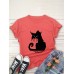 Women Cartoon Cat Letter Printed O-Neck Casual Short Sleeve T-Shirts