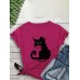 Women Cartoon Cat Letter Printed O-Neck Casual Short Sleeve T-Shirts