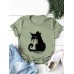 Women Cartoon Cat Letter Printed O-Neck Casual Short Sleeve T-Shirts