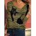 Women Cartoon Cat Striped V-Neck Casual Long Sleeve T-Shirt