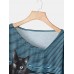 Women Cartoon Cat Striped V-Neck Casual Long Sleeve T-Shirt