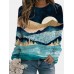 Women Casual Landscape Printed Colorful O-neck Long Sleeve Blouse