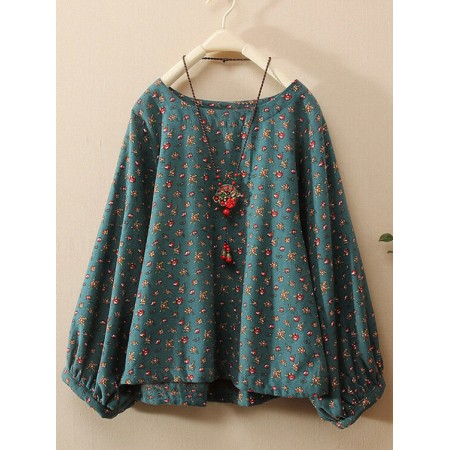 Women Cotton Loose Floral Print Round Neck Long Sleeve Blouse