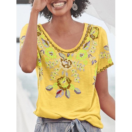 Women Ethnic Print Scoop Neck Short Sleeve Bohemian T-Shirts