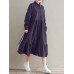 Women Corduroy CasualLace-up Ruffles Hem Loose Full Sleeve Mid-Calf Length Midi Dress