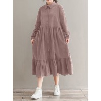 Women Corduroy CasualLace-up Ruffles Hem Loose Full Sleeve Mid-Calf Length Midi Dress