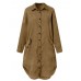 Women Corduroy Solid Moslem Style Collared Raglan Button Front High Low Dress