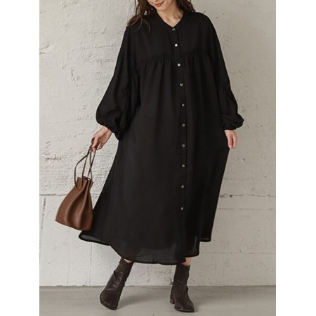 Women Loose Shirt Buttons Solid V-Neck Calf Length Midi Dresses