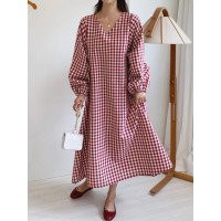 Women Plaid  Puff Long Sleeve Casual V-Neck Midi Dress