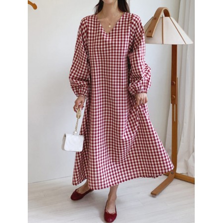 Women Plaid Puff Long Sleeve Casual V-Neck Midi Dress