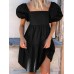 Women Puff Sleeve Square Collar Pure Color Knee Length Dress with Back Zipper