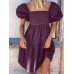 Women Puff Sleeve Square Collar Pure Color Knee Length Dress with Back Zipper