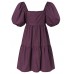 Women Puff Sleeve Square Collar Pure Color Knee Length Dress with Back Zipper