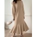 Women Solid Color Sweatshirt Dress Ruffle Puff Sleeve Calf Length O-Neck Midi Dresses