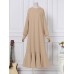 Women Solid Color Sweatshirt Dress Ruffle Puff Sleeve Calf Length O-Neck Midi Dresses