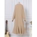 Women Solid Color Sweatshirt Dress Ruffle Puff Sleeve Calf Length O-Neck Midi Dresses