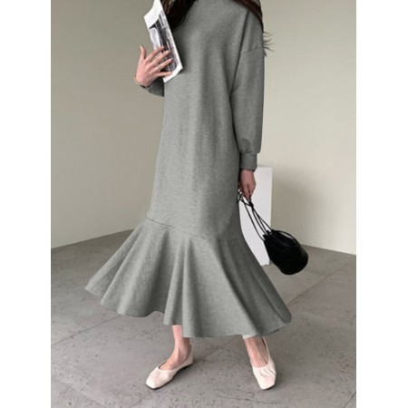 Women Solid Color Sweatshirt Dress Ruffle Puff Sleeve Calf Length O-Neck Midi Dresses