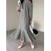 Women Solid Color Sweatshirt Dress Ruffle Puff Sleeve Calf Length O-Neck Midi Dresses