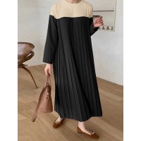 Women Solid Patchwork Pleats Long Sleeve Mid-Calf Length Casual Dresses