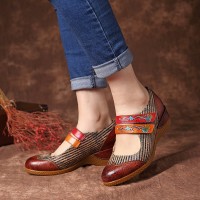 Retro Flowers Pattern Genuine Leather Splicing Striped Pattern Hook Loop Pumps