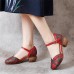 Retro Leather Embossed Floral Buckle Ankle Strap Block Heel D'orsay Pumps