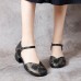 Retro Leather Embossed Floral Buckle Ankle Strap Block Heel D'orsay Pumps