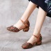 Retro Leather Embossed Floral Buckle Ankle Strap Block Heel D'orsay Pumps