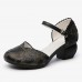 Retro Leather Embossed Floral Buckle Ankle Strap Block Heel D'orsay Pumps