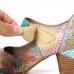 Retro Leather Embossed Floral Hook Loop Ankle Strap Chunky Heel Pumps