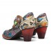 Retro Leather Floral Splicing Snakeskin Round Toe Chunky Heel Pumps