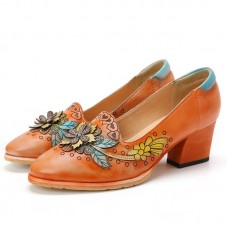 Retro Splicing Floral Leather Slip On Block Heel Pumps Dress Shoes