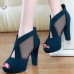 Women Casual Corduroy Chunky Heel Peep-toe Pumps Shoes