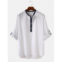 Mens 100% Cotton Stand Collar Three Quarter Sleeve Casual Henley Shirts