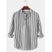 Mens Basic Striped Cotton High Low Hem Stand Collar Casual Long Sleeve Henley Shirts