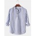 Mens Basic Striped Cotton High Low Hem Stand Collar Casual Long Sleeve Henley Shirts