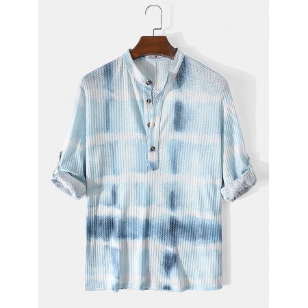 Mens Waffle Tie-Dye Print Button Long Sleeve Henley Shirt